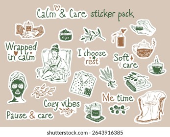 Vector set of self-care themed stickers. Hand-drawn line art with cozy elements like skincare products, tea, candles, and calm lifestyle symbols. Perfect for planners, digital use, packaging	