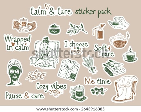 Vector set of self-care themed stickers. Hand-drawn line art with cozy elements like skincare products, tea, candles, and calm lifestyle symbols. Perfect for planners, digital use, packaging	