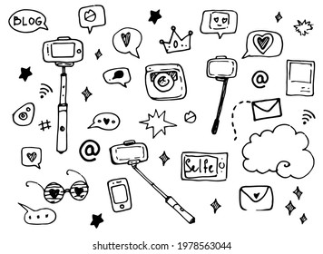 vector set of selfie sticks. Isolated social media elements hand-drawn in doodle style with a black line selfie sticks, messages, phone, photo pairs, stars, hearts, glasses on a white background 