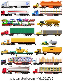 Vector set of semi-trailer trucks. Detailed, side view, icons. Isolated on white. Flat style