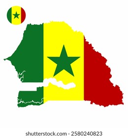 Vector set of Senegal high detailed map flag and national flag round badge isolated on white background.