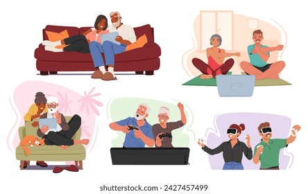 Vector Set of Senior Couples Embrace Smart Technology, Confidently Navigating Tablets, Video Consoles, Vr Glasses and Laptops, Enhancing Communication, Health Monitoring, And Everyday Convenience