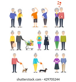 Vector set of senior people. Different activity: cooking, working, sport, shopping, making selfie.