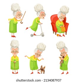 Vector Set of senior women in a cartoon style isolated on a white background. Retirees' daily activities, routine and entertainment