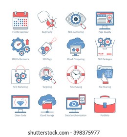 Vector Set Of SEO And Development Thin Line Flat Design Icons And Pictograms.  Web Elements Collection