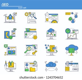 Vector set of SEO optimization and digital internet marketing. Online services, cloud storage and social media networks. icons in thin line style. Website UI and mobile web app icon.