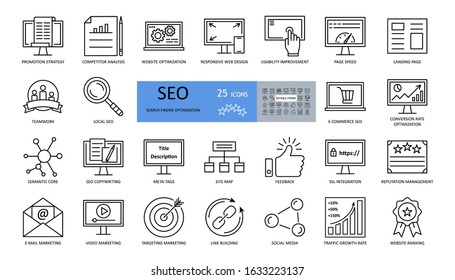 Vector set of SEO optimization icons with editable stroke. strategy, competitor analysis, responsive web design, usability improvement, page speed, landing, teamwork, conversion rate, semantic core