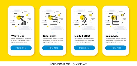 Vector set of Seo phone, Manager and Payment card line icons set. UI phone app screens with line icons. Refrigerator icon. Search engine, Work profit, Agreement conditions. Fridge ice maker. Vector