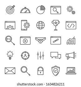 Vector Set Of Seo Search Engine Optimization Line Icons Target, Performance, Browser, Mobile, Keyword, Video, Link, Advertising, Analytics And More