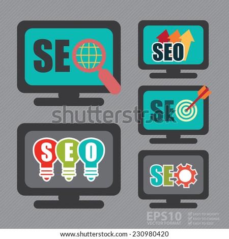 Vector : Set of SEO, Search Engine Optimization Concept, Various Style of SEO With Computer Screen