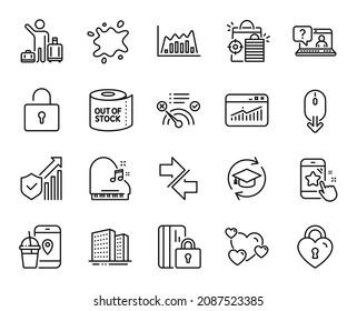 Vector set of Seo shopping, Blocked card and Airport transfer line icons set. Love lock, Star rating and Lock icons. Buildings, Faq and Scroll down signs. Seo shopping web symbol. Vector