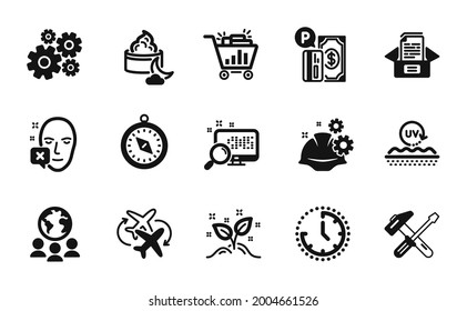 Vector set of Seo shopping, Cogwheel and Documents box icons simple set. Working process, Night cream and Global business icons. Travel compass, Connecting flight and Time signs. Vector