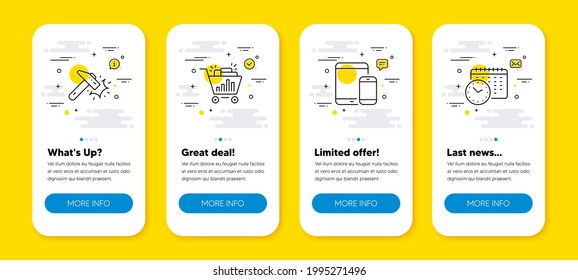 Vector set of Seo shopping, Hammer blow and Mobile devices line icons set. UI phone app screens with line icons. Calendar time icon. Analytics, Crash tool, Smartphone with tablet. Clock. Vector