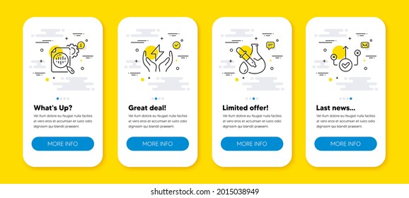 Vector set of Seo stats, Safe energy and Chemistry experiment line icons set. UI phone app screens with line icons. Correct way icon. Cogwheel, Thunderbolt, Laboratory flask. Good choice. Vector