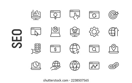 Conjunto de vectores de iconos de línea delgada seo. Diseño de 20 pictogramas de infarto. Signos de seo aislados en un fondo blanco.