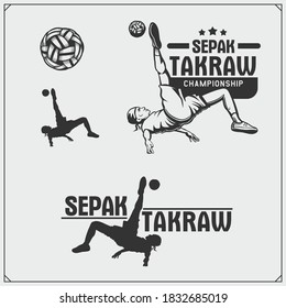 Conjunto de vectores de emblemas y etiquetas Sepak Takraw. Ilustraciones y siluetas de atletas.