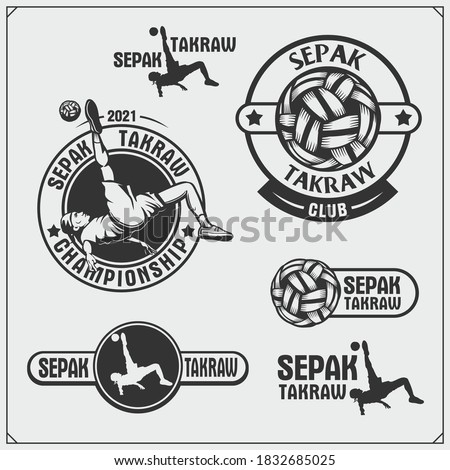 Vector set of Sepak Takraw and fitness emblems and labels. Athletes illustrations and silhouettes.
