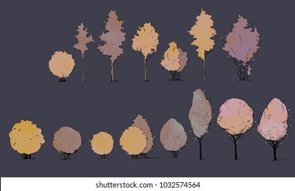 Vector set of separate elements for architectural drawings and visualizations with watercolor pink fill. Trees and bushes
