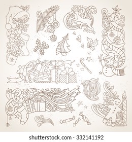 Vector set of sepia hand-drawn Christmas ornaments. Vintage Christmas tree and baubles, Santa sock, hat and beard, holly berries, gifts, candy canes, snowman, gingerbread man, deer, stars, candle.