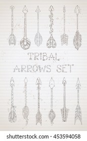 Vector set of sepia tribal arrows on vintage striped background. Hand-drawn ink ethnic decorative elements in boho style.