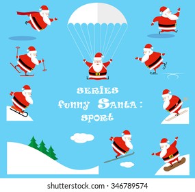 Vector set from series funny Santa Claus: sport. Different character cute sportsman isolated on blue background