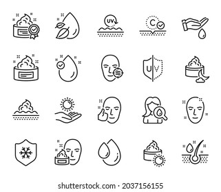 Vector set of Serum oil, Cream and Problem skin line icons set. Clean skin, Uv protection and Healthy face icons. Vitamin e, Night cream and Wash hands signs. Serum oil web symbol. Vector