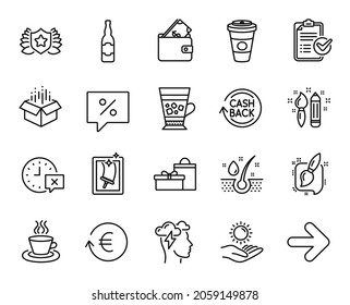 Juego de vectores de los iconos de línea de protección de suero, cartera y sol. Iconos de Frappe, Cashback y Tea cup. Regalos, Creatividad y carteles de limpieza de ventanas. Símbolo de la red de aceite sérico. Vector
