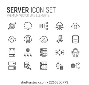 Vector set of server thin line icons. Design of 20 stroke pictograms. Signs of server isolated on a white background.