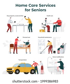 Vector Set of Services for the Seniors, Disabled. There are Transportation, Household Maintenance, assistance in providing a Day Program, Social Activity, Personal and Healthy Care, Home Modifications