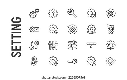 Vector set of setting thin line icons. Design of 20 stroke pictograms. Signs of setting isolated on a white background.