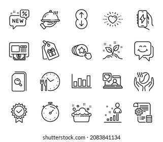 Vector set of Settings blueprint, Smile face and Coffee line icons set. Stats, Search files and Timer icons. Friends chat, Hold heart and Certificate signs. Settings blueprint web symbol. Vector