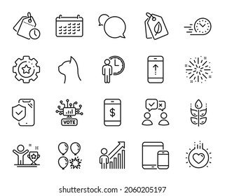 Vector set of Settings gear, People voting and Phone insurance line icons set. Balloon dart, Calendar and Gluten free icons. Time management, Swipe up and Messenger signs. Vector
