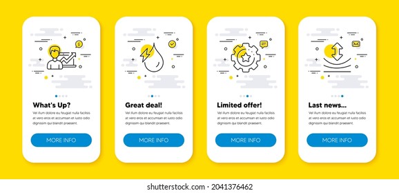 Vector set of Settings gear, Success business and Hydroelectricity line icons set. UI phone app screens with line icons. Resilience icon. Technology process, Growth chart, Hydroelectric energy. Vector