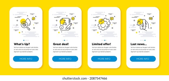 Vector Set Of Settings Gears, Algorithm And Water Analysis Line Icons Set. UI Phone App Screens With Line Icons. Vaccine Announcement Icon. Technology Process, Project, Aqua Bacteria. Vector