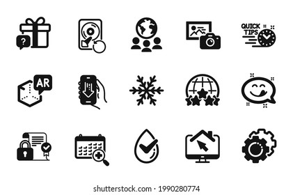 Vector set of Settings gears, Augmented reality and Rating stars icons simple set. Download app, Work home and Medical calendar icons. Quick tips, Global business and Photo camera signs. Vector