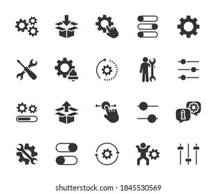 Vector set of setup flat icons. Contains icons settings, installation, maintenance, update, download, configuration, options, restore settings and more. Pixel perfect.