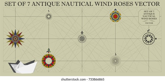 Vector Set of Seven Antique Nautical Wind Roses