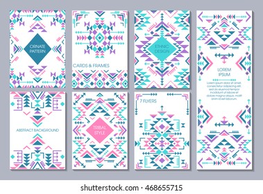 Vector set of seven cards. ethnic ornate pattern with geometric shapes. Flyers with abstract tribal design elements backgrounds. Templates for invitation, greeting card. Blue and pink colors