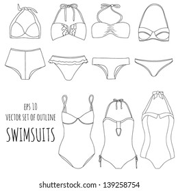 Vector set of seven different swimwear contour illustration. Swimsuits outline. Hand-drawing collection of swimwear.