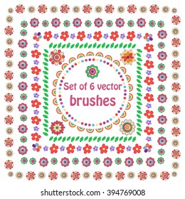Vector set of seven hand drawn brushes with outer and inner corner tiles. Seamless border of different colors for frames and design elements