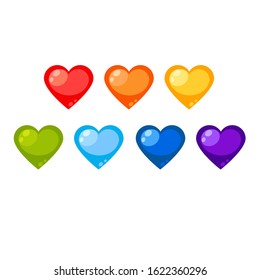 Vector set of seven hearts in the colors of rainbow. Bright cartoon love icons. Saint Valentines day