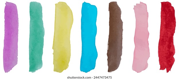 Conjunto de Vector de siete rayas multicolores de acuarela aisladas sobre fondo transparente. Colección de pinceladas dibujadas a mano en forma de líneas de Vertical
