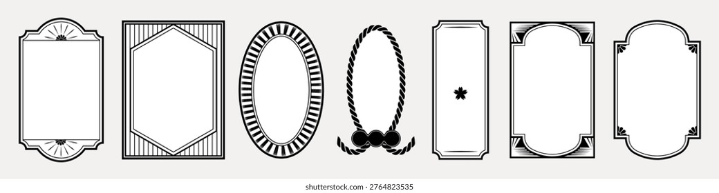 Vector set of seven ornate black and white frames in various shapes, including oval, rectangular, and hexagonal, with intricate decorative details.