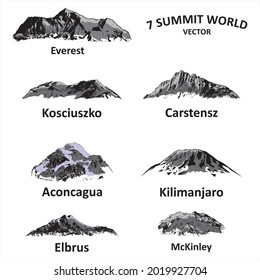 Vector set of seven summit mountains, mountain peak, hill top, iceberg, nature landscape. Camping landscape and hiking illustration. Outdoor travel, adventure, tourism, climbing design elements