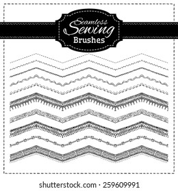 Vector set of sewing brushes. Hand-drawn stitches, seams and page dividers.