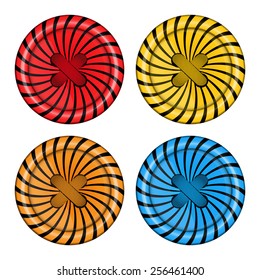 Vector set of sewing buttons red orange, blue and yellow colors with spiral background and sewing thread