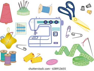 vector set of sewing equipment: sewing machine, pins, thimbles, needles, scissors, pincushions for needles, spools of thread, centimeter, button