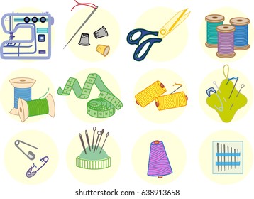 vector set of sewing equipment: sewing machine, pins, thimbles, needles, scissors, pincushions for needles, spools of thread, centimeter