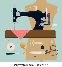 Vector set of sewing items featuring vintage sewing machine on beige background
