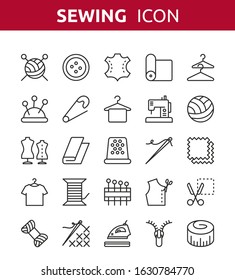 Vector set of sewing, knitting and needlework line icons with yarn, sewing machine, needles, tape, zip, wool, scissors, thread, iron.  Infographics for web and pictograms isolated on white background